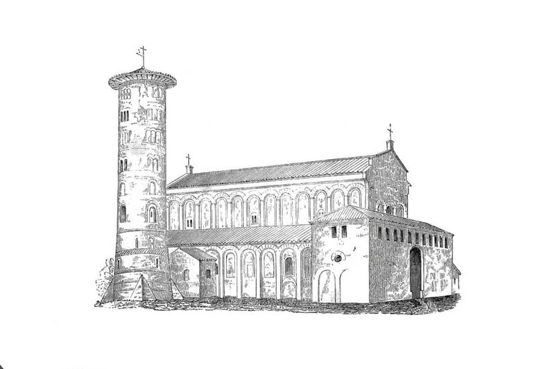 Sant'Apollinare Nuovo, three-aisled basilica church in Ravenna in Italy, Historical, digitally enhanced reproduction of a model from around 1860