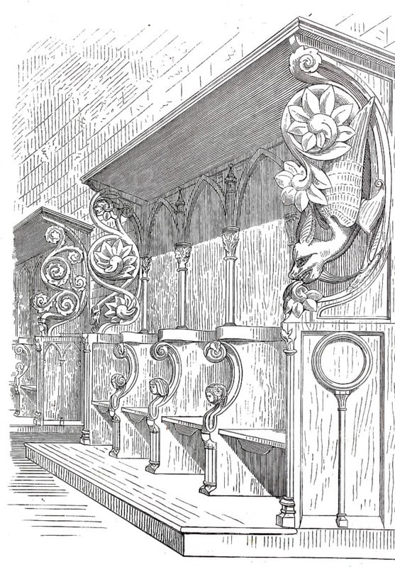 Choir stalls in the Minster Church of St Alexandri in Einbeck, Lower Saxony, Germany, Historical, digitally enhanced reproduction of a model from around 1860