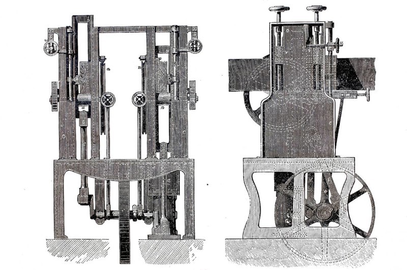 Timber industry, sawmill, Haigh's equilibrium saw for sawing boards and beams, historical, digitally enhanced reproduction from a model from around 1860