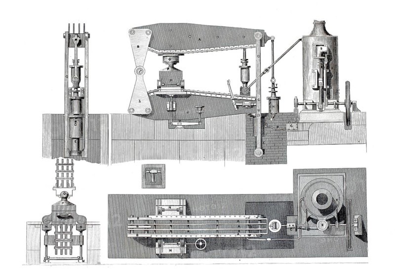 Wilson's machine for pressing metal into moulds, historical, digitally enhanced reproduction of a model from around 1860