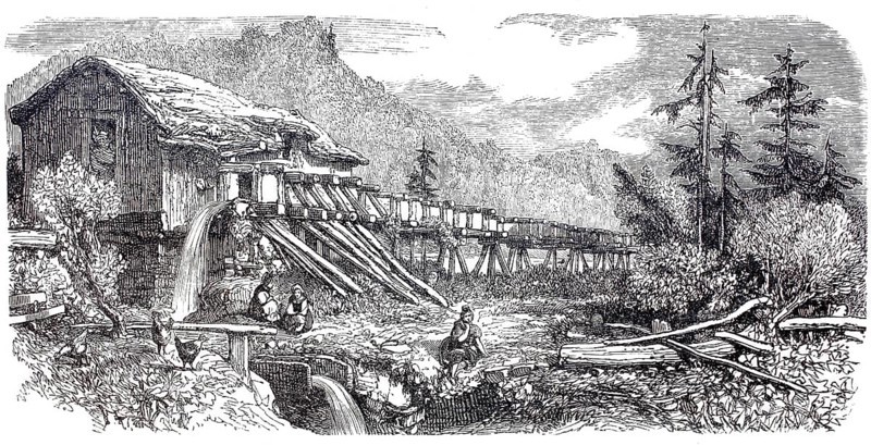 Sawmill in the Höllental in the Black Forest, around 1860, Germany, Historical, digitally enhanced reproduction from a model from around 1860