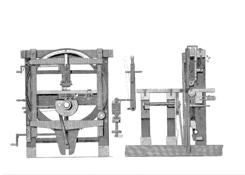 Machine for cutting wood into sheets and bevelled bottles, by W.Clark, Historical, digitally enhanced reproduction of a model from around 1860