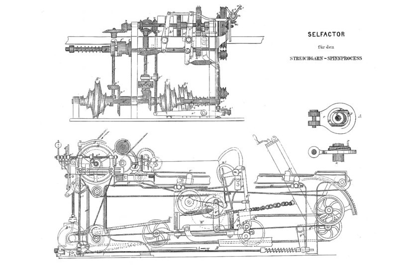 Selfactor for the carded yarn spinning process, historical, digitally enhanced reproduction of a model from around 1860