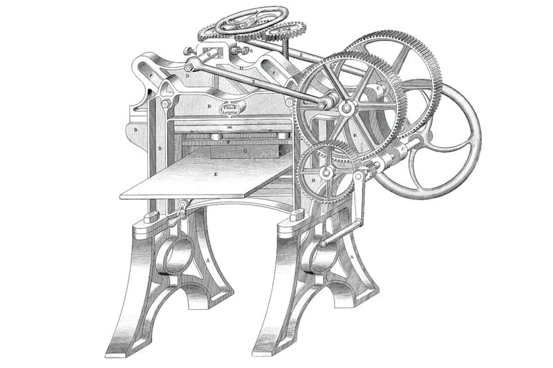 Paper cutting machine from the company T.R. Ulisch in Leipzig, around 1860, historical, digitally enhanced reproduction of a model from around 1860