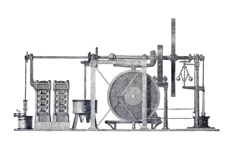 Transportable oil mill, powered by steam, after A. Samuelson, Historical, digitally enhanced reproduction of a model from around 1860