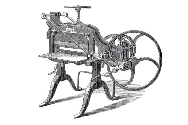 Improved paper cutting machine by K. Krause, historical, digitally improved reproduction of a model from around 1860