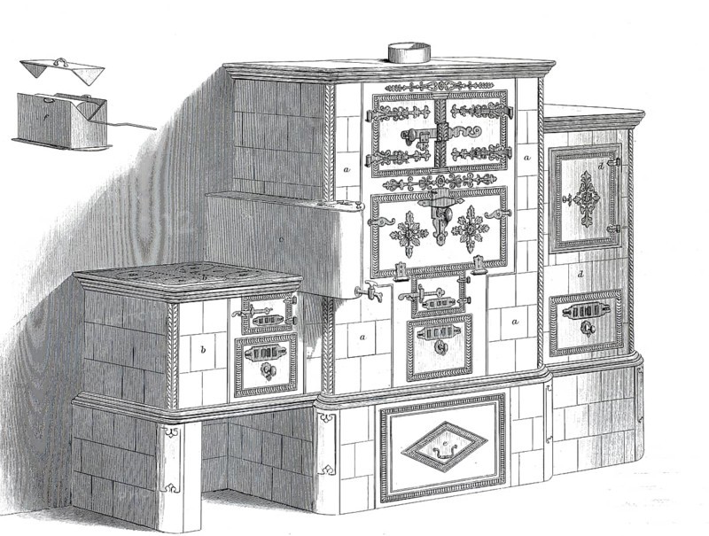 Kitchen, kitchen stove, by C.H. Unglenk from Reudnitz near Leipzig, historical, digitally enhanced reproduction of a model from around 1860