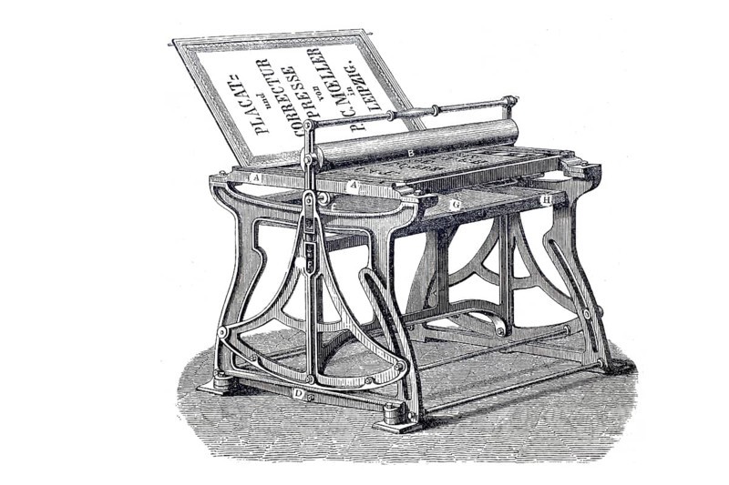 Print shop, Poster press, Proofreading press, Historical, digitally enhanced reproduction of an original from around 1860