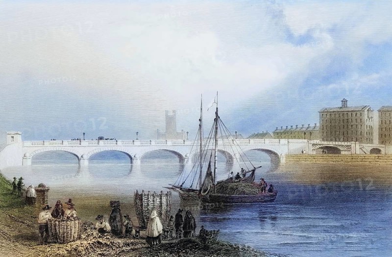 Wellesley Bridge, Limerick, Ireland, from the Landscape and Antiquities of Ireland, 1841, digital reproduction of a historical model