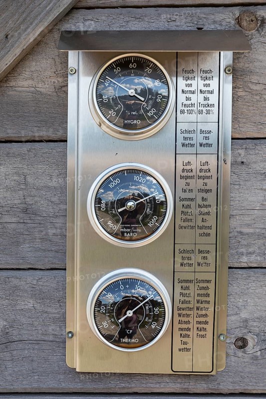 Weather station with hygrometer, barometer and thermometer, Black Forest, Baden-Württemberg, Germany