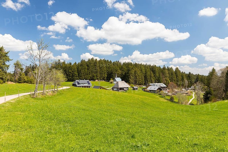 St Martin's Chapel and Kolmenhof near the source of the Danube, site of the European watershed, Furtwangen in the Black Forest, Baden-Württemberg, Germany