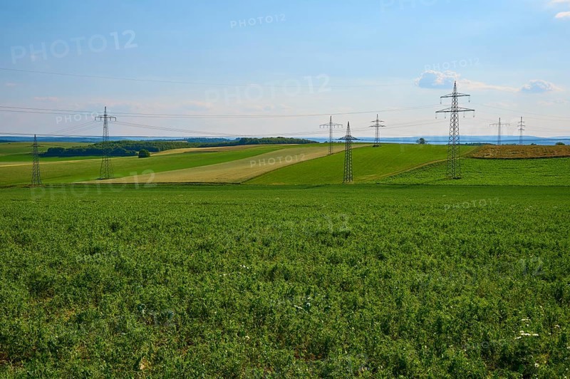 Wide green fields with several electricity pylons and a blue, slightly cloudy sky, Marktheidenfeld, Bavaria, Germany