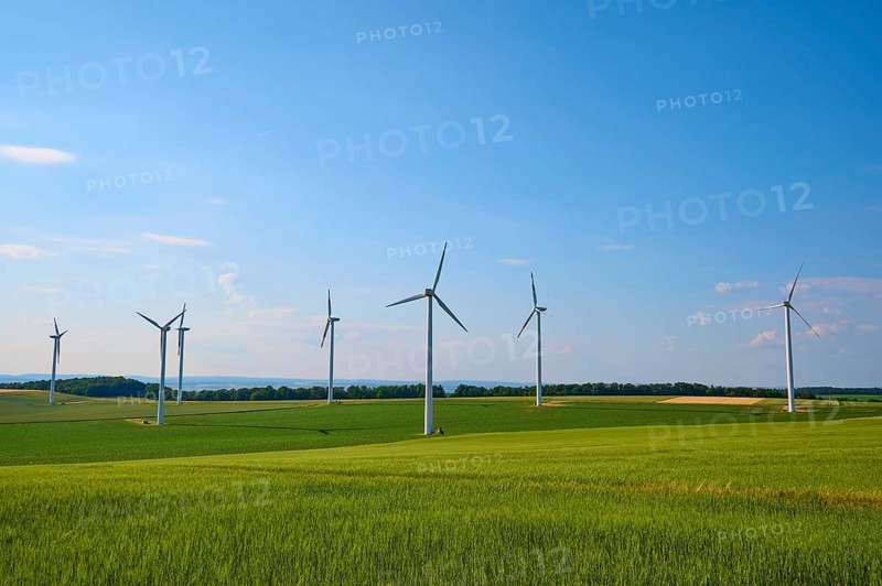 Wind turbines on green fields of grain under a blue sky, a symbol for renewable energy, summer, Höhefeld, Wertheim, Baden-Württemberg, Germany
