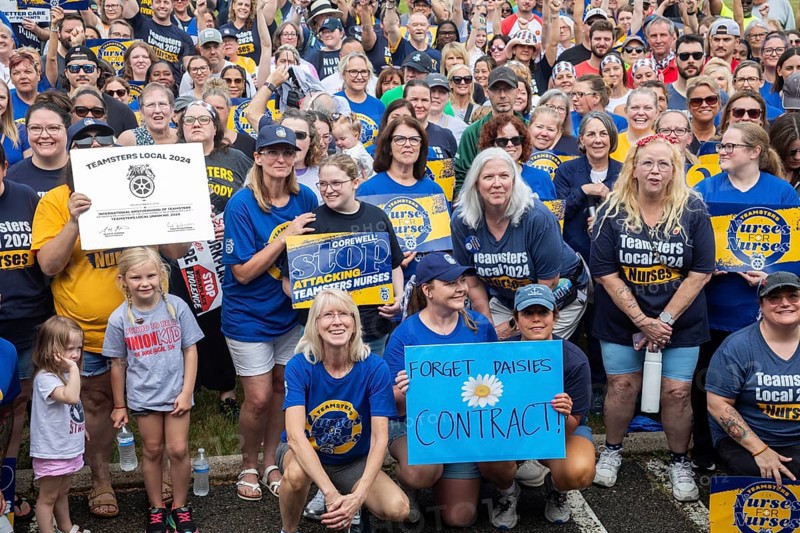Southfield, Michigan - Nurses rally outside Corewell Health during their fight for a union contract. Corewell is the largest healthcare system in Michigan. Its 10, 000 nurses voted to join the Teamsters in late 2024 and are fighting for their first contract