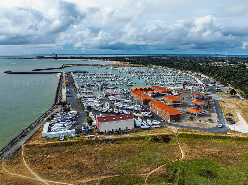 Marina in Le Verdon-sur-Mer from a drone, Nouvelle-Aquitaine, Gironde, France, EuropeLe Verdon-sur-Mer, Nouvelle-Aquitaine, Gironde, France, Europe