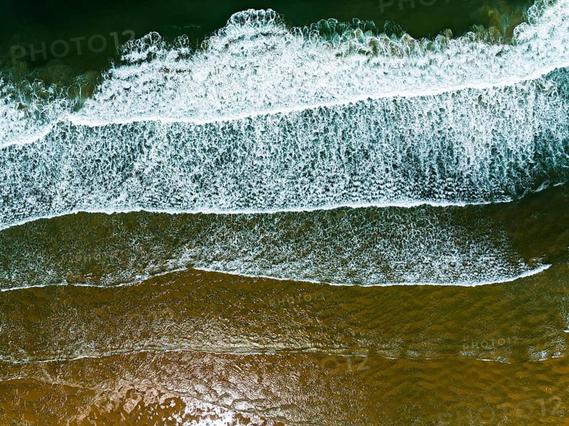 Top Down view over Waves and Contis beach from a drone, Saint Julien en Born, Saint-Julien-en-Born, Landes, France