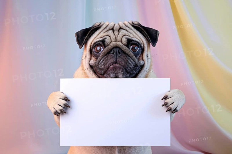 Cute pug dog holding blank white sign against soft pastel studio background. Generative ai, AI generated