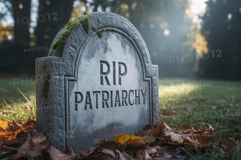 Photorealistic gravestone engraved with RIP Patriarchy. Concept for feminism and social change. Generative ai, AI generated