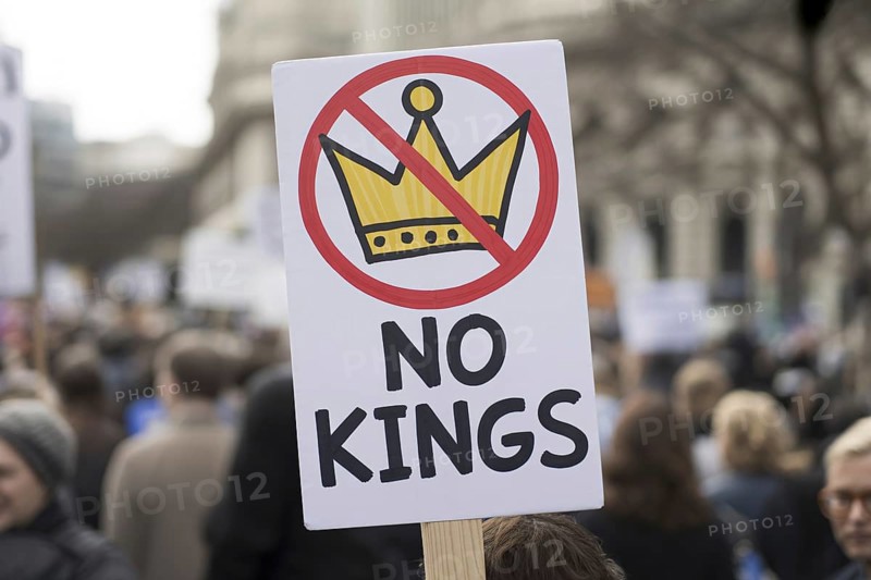 Close-up of protest sign with text No kings and crossed-out crown. Demonstration in progress. Generative AI, AI generated