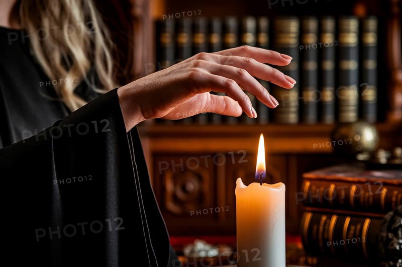 Woman's hand above flickering candle flame. A moment of witchcraft, mystery, and feminine power. Generative ai, AI generated