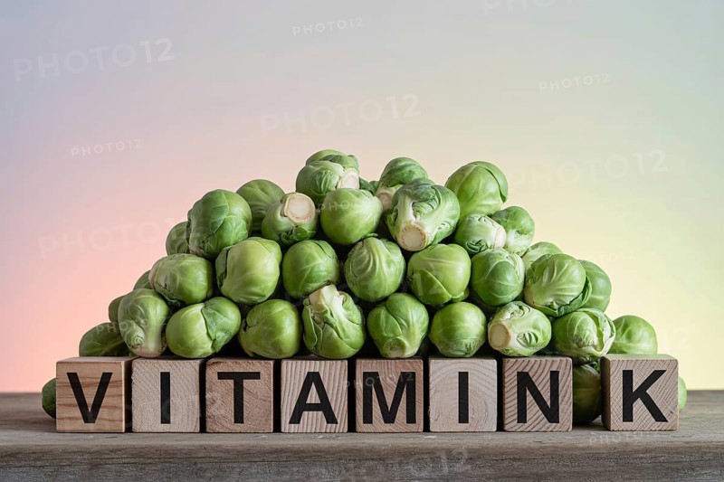 Brussels sprouts stacked on wood with blocks spelling Vitamin K. Rustic studio scene highlighting nutrient-rich greens. Generative ai, AI generated