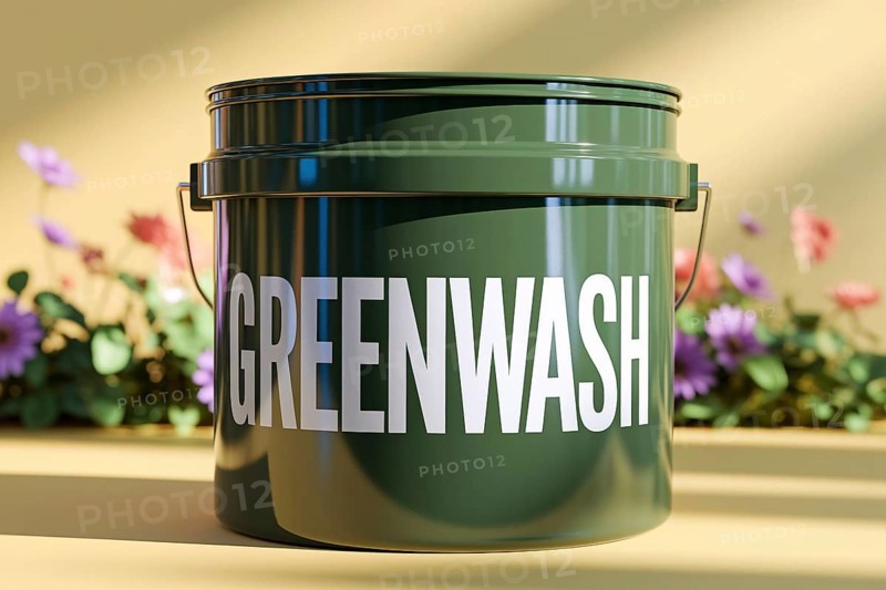 A green paint bucket labeled Greenwash shines under sunlight against a vibrant floral background to reveal false environmental greenwashing claims. Generative ai, AI generated