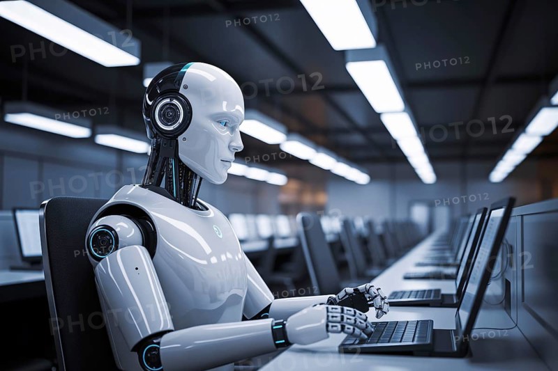 White AI robot with headset seated at workstation in empty office. Stark lighting and abandoned desks illustrate a future of quiet automation replacing humans. Generative ai, AI generated