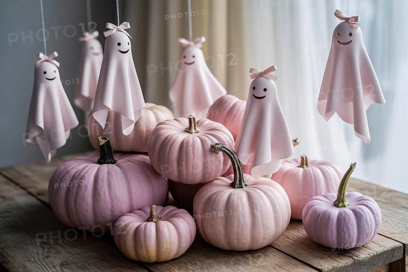 Pastel pink Halloween scene with hanging cute ghosts and decorative pumpkins. Whimsical and modern feminine aesthetic. generative ai, AI generated