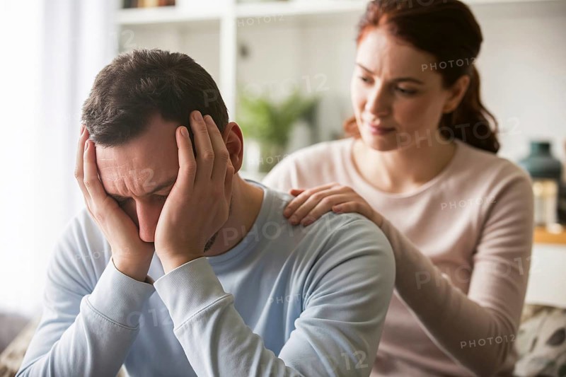 Man burying head in hands while woman comforts him. Concept of mankeeping and women's invisible emotional labor in relationships. Generative ai, AI generated