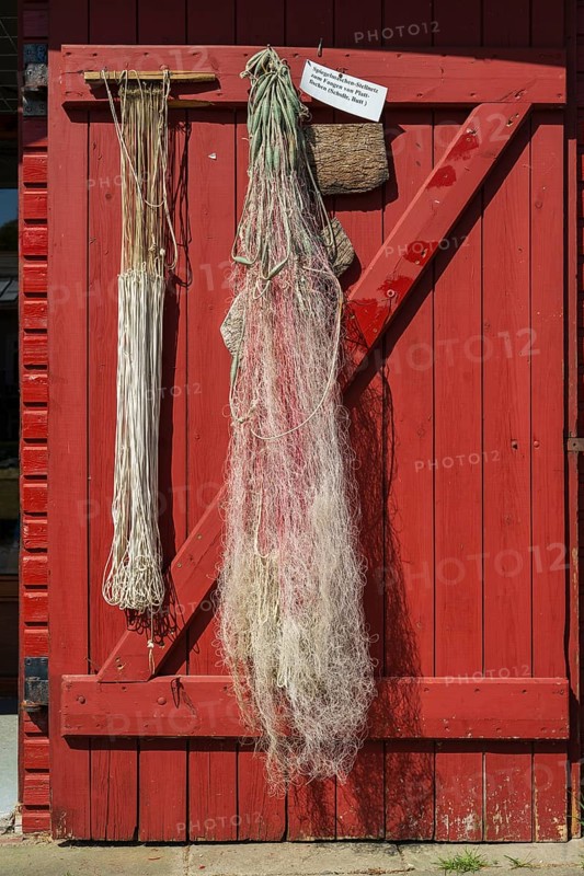 Rope and fishing net on a wooden door, trammel net, harbour, Flensburg, Flensburg Fjord, Baltic Sea, Schleswig-Holstein, Germany