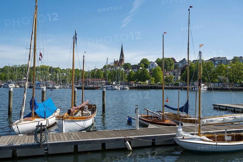 Town view, church St. Jürgen, sailing boats, harbour, Jürgensby, Flensburg, Flensburg Fjord, Baltic Sea, Schleswig-Holstein, Germany