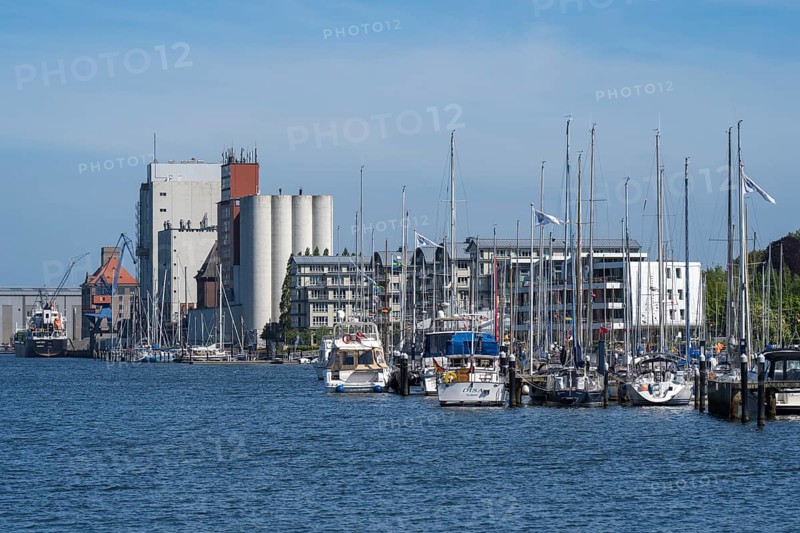 Shipyard office and commercial harbour, Flensburg, Flensburg Fjord, Baltic Sea, Schleswig-Holstein, Germany