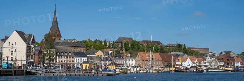 City view with St. Marien church, harbour, Flensburg, Flensburg Fjord, Baltic Sea, Schleswig-Holstein, Germany