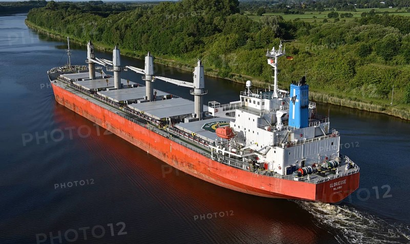 Cargo ship GLORIEUSE travelling through the Kiel Canal, NOK, Kielkanal, Kiel Canal, Schleswig-Holstein, Germany