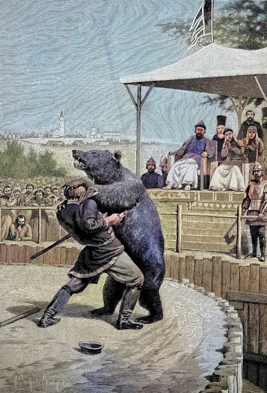 Two fights with a bear in front of the tsar and the people, folk games in the 16th and 17th centuries in Russia, illustration, published 1890, reproduction, digitally enhanced, historical