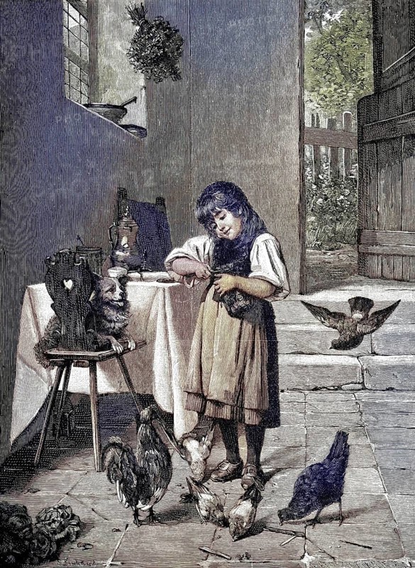 Breakfast together, children's breakfast with dog, chickens and pigeons, after a painting by Fr. Sonderland, Germany, illustration, published 1890, reproduction, digitally enhanced, historical