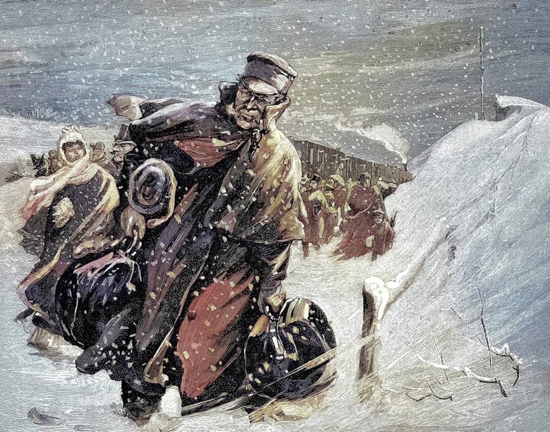 Man comes home for Christmas with lots of luggage and presents in the winter snow, Illustration from 1894, Reproduction, digitally enhanced, Historical