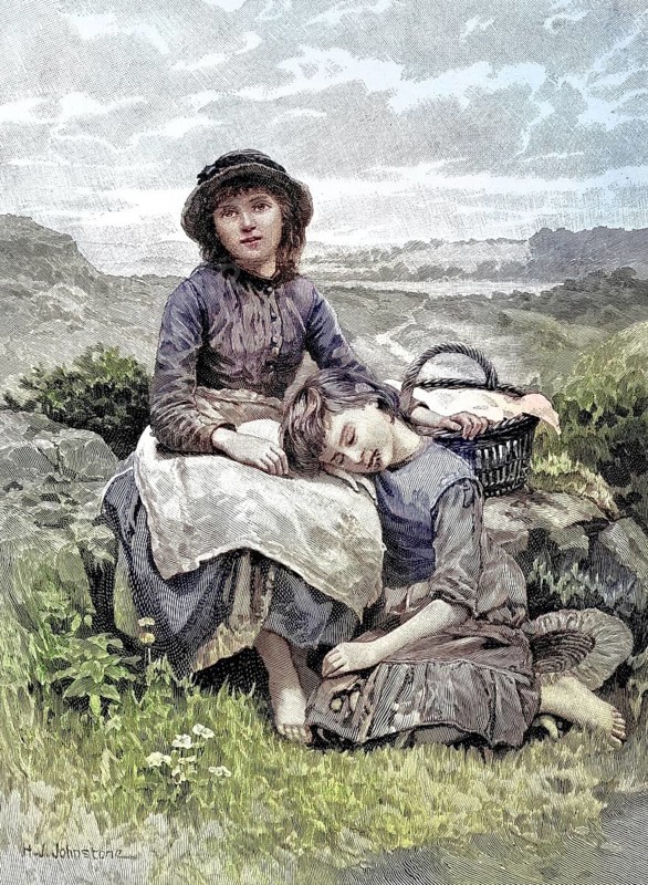 Rest on the mountain, two girls are resting, tired from running, Germany, illustration, published 1890, reproduction, digitally enhanced, historical