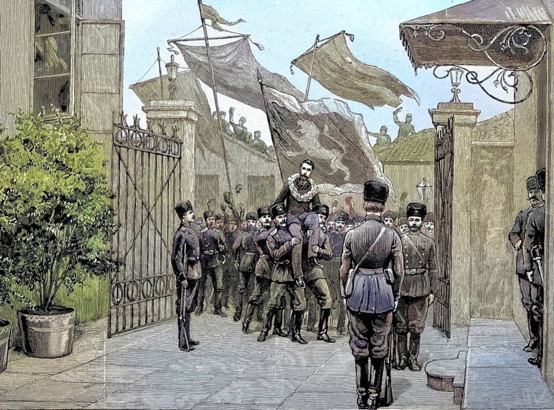 Alexander I, Prince of Bulgaria, who was elected from 1879 to 1886, being carried by the Bulgarian officers to the princely palace in Rustchuk, the last homage in front of his resignation, illustration, published 1890, reproduction, digitally enhanced, Historical