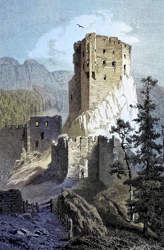 Buchenstein Castle is a castle ruin from the year 1027 in Buchenstein in the province of Belluno, in today's Italy, illustration, published 1890, reproduction, digitally enhanced, historical