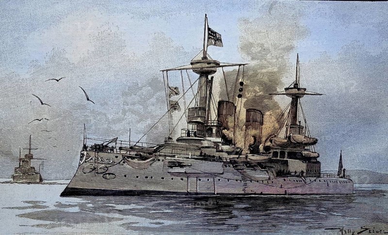The German armoured ship, the Brandenburg, illustration, published 1890, reproduction, digitally enhanced, historical