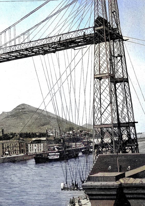 The Vizcaya Bridge, Puente de Portugalete, known in Spain mainly as the Puente Colgante, or suspension bridge. It is not a suspension bridge in the technical sense, but a suspension ferry, an elevated bridge with an attached suspension barge. The ferry was inaugurated in 1893, historical image or illustration, published in 1890, reproduction, digitally enhanced, historical