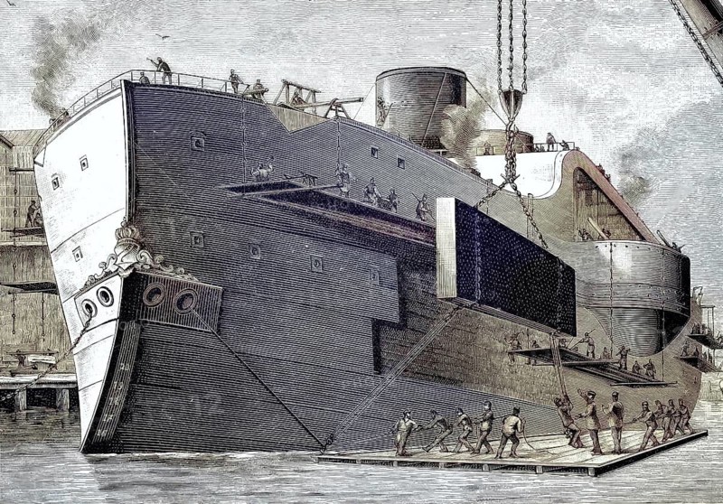 Attaching tanks to a ship's hull, Germany, illustration, published 1890, reproduction, digitally enhanced, historical