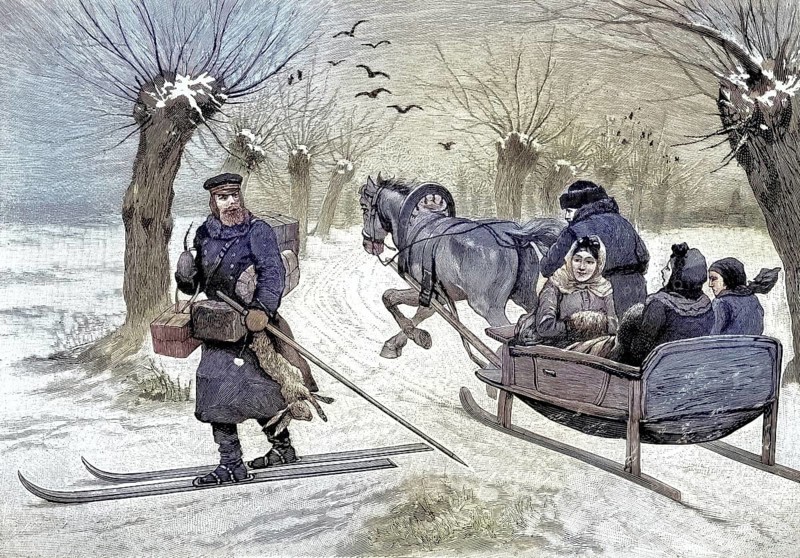 Postman in the countryside with snowshoes in East Prussia and a horse-drawn carriage, illustration, published 1890, reproduction, digitally enhanced, historical