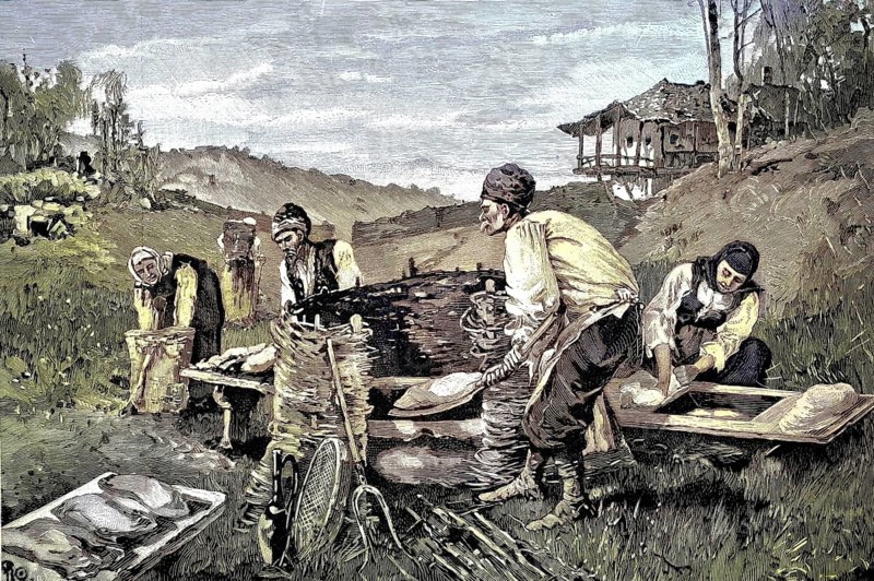 Kakheti, a region in Georgia, people baking bread with a simple oven, a tornia, illustration from 1894, reproduction, digitally enhanced, historical