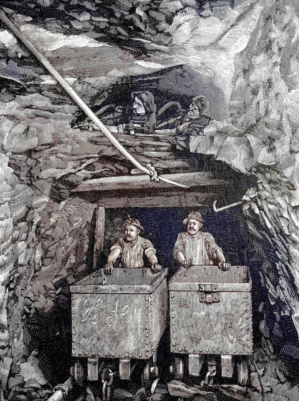 Mine, mining of slate, copper slate, transport with a tradition, mine in Mansfeld, near Goslar, Germany, illustration from 1894, reproduction, digitally enhanced, historical