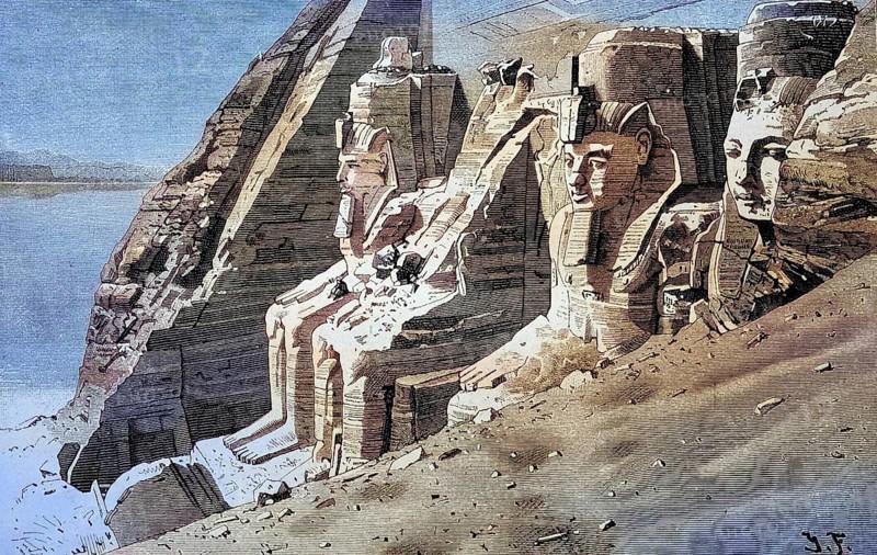 The Temples of Abu Simbel are massive rock temples in Abu Simbel, a village in Nubia, Southern Egypt, Illustration, published 1890, Reproduction, digitally enhanced, Historical