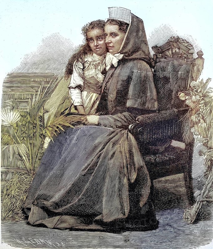 Ferida, the daughter of Eduard Karl Oskar Theodor Schnitzer, known as Emin Pasha, and her sister Lies Bader, illustration from 1894, reproduction, digitally enhanced, historical