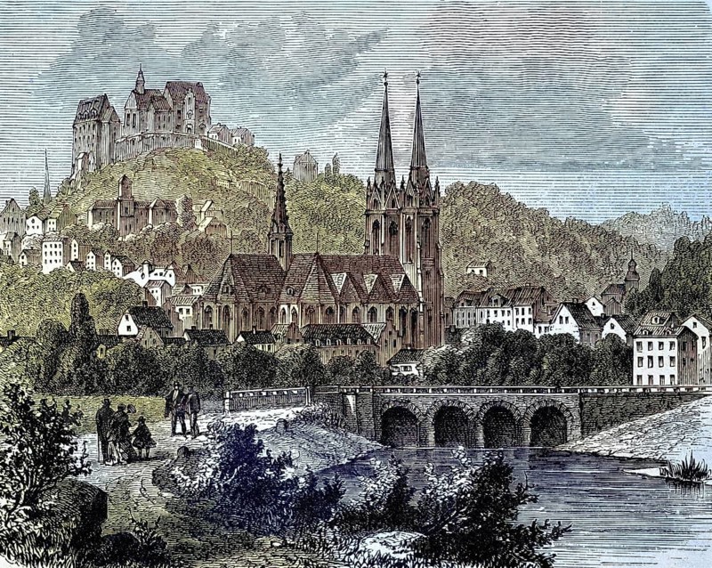 Marburg, a city in the German state of Hesse, Germany, with St Elisabeth's Church, illustration from 1894, reproduction, digitally enhanced, Historical