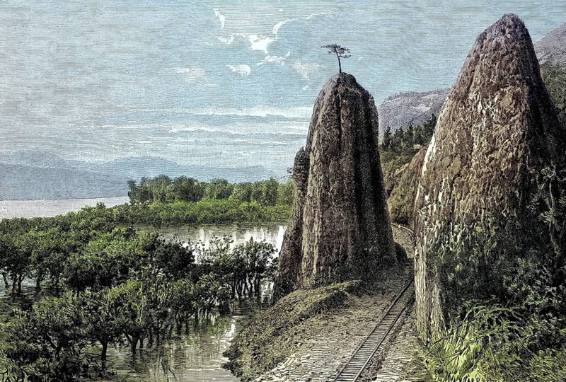 Rocks and railway tracks on the Columbia River in Washington State, North America, historical image or illustration, published 1890, reproduction, digitally enhanced, Historical